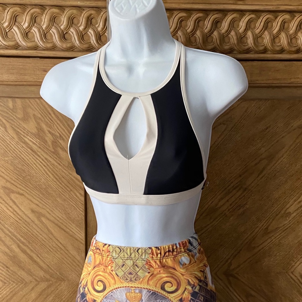 Revamped black white open front bikini  top